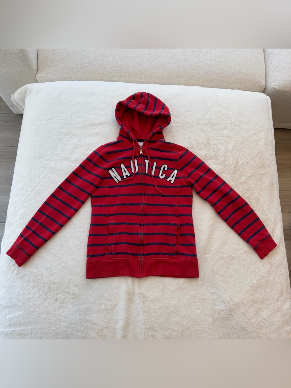 Nautica Red with Navy Stripe Hooded Zip Sweatshirt